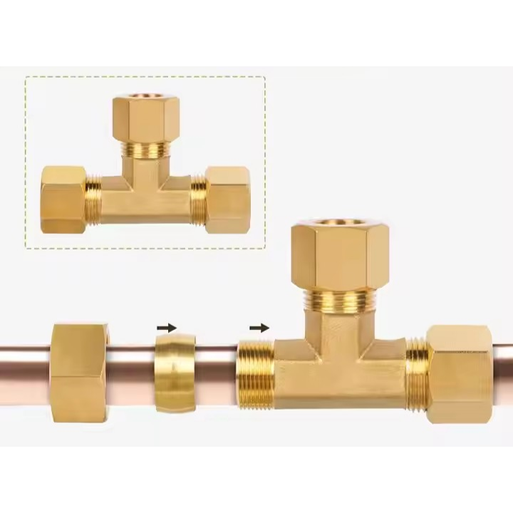 Brass plumbing connectors with text 'Simple but Secure Connection' on a white background