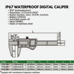 Insize IP67 Waterproof Digital Caliper 0–150 mm / 0–6″ Series 1115-150