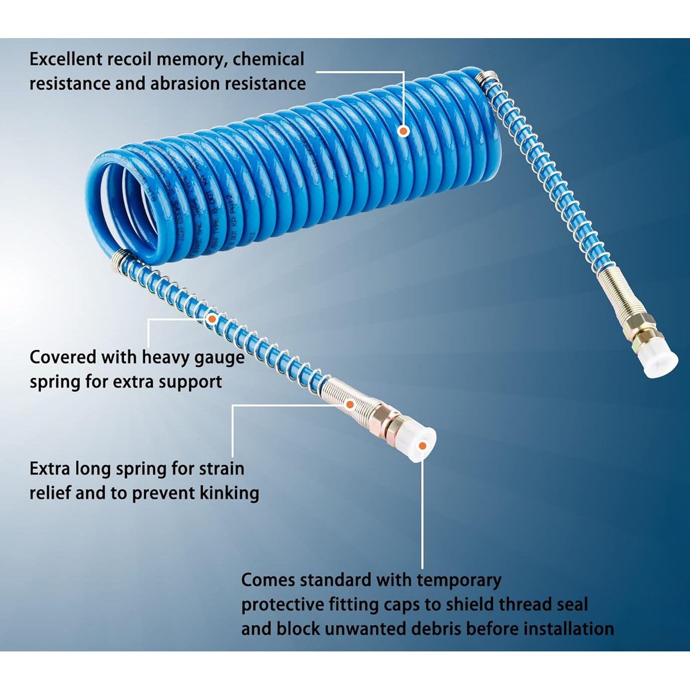 15FT Air Brake Coiled Hose Set – Blue Service & Red Emergency Lines with 12" Leads