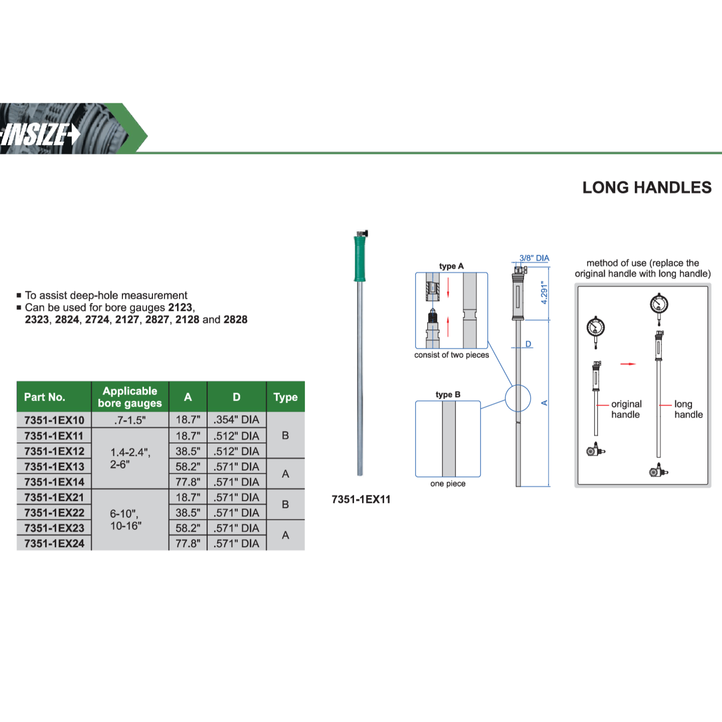 Insize Long Handle 38.5″ × 0.512″ Series 7351-1EX12