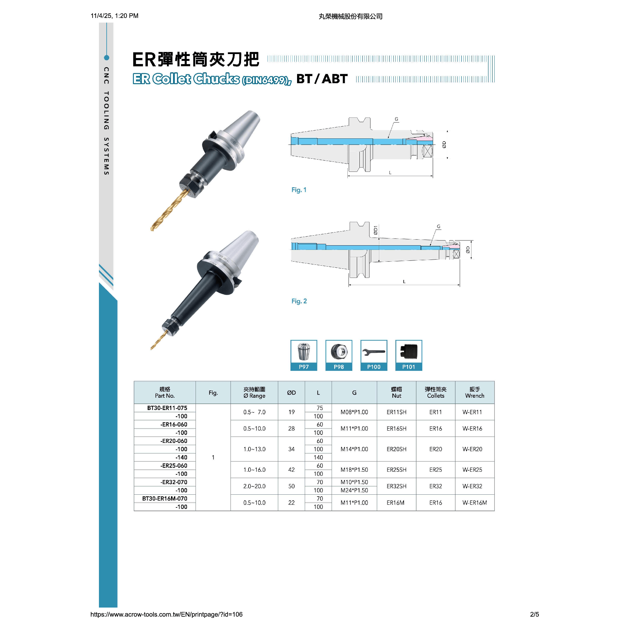 ACROW MACHINERY MFG CO LTD TOOL HOLDERS Acrow BT50 ER25 Collet Chuck Holder – 150 mm