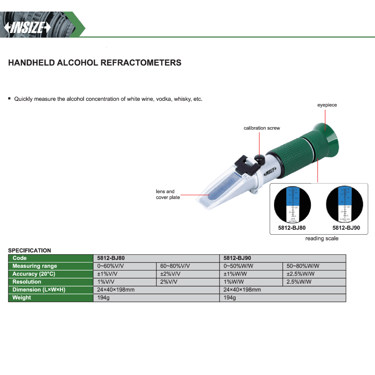 Insize Handheld Alcohol Refractometer 0–60%V/V & 60–80%V/V – Series 5812-BJ80