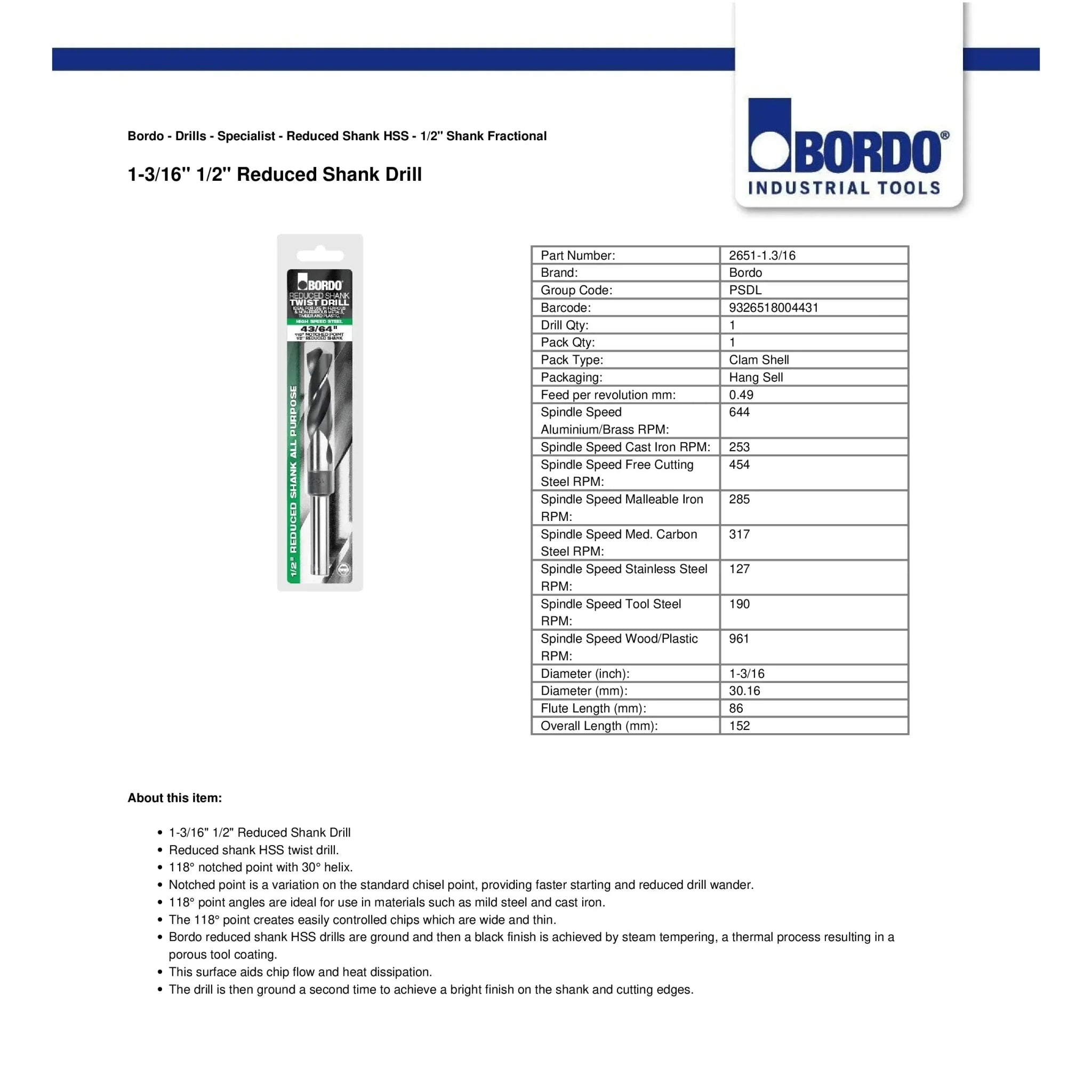 Bordo 1-3/16" HSS Reduced Shank Drill - Twin Eagle Imports