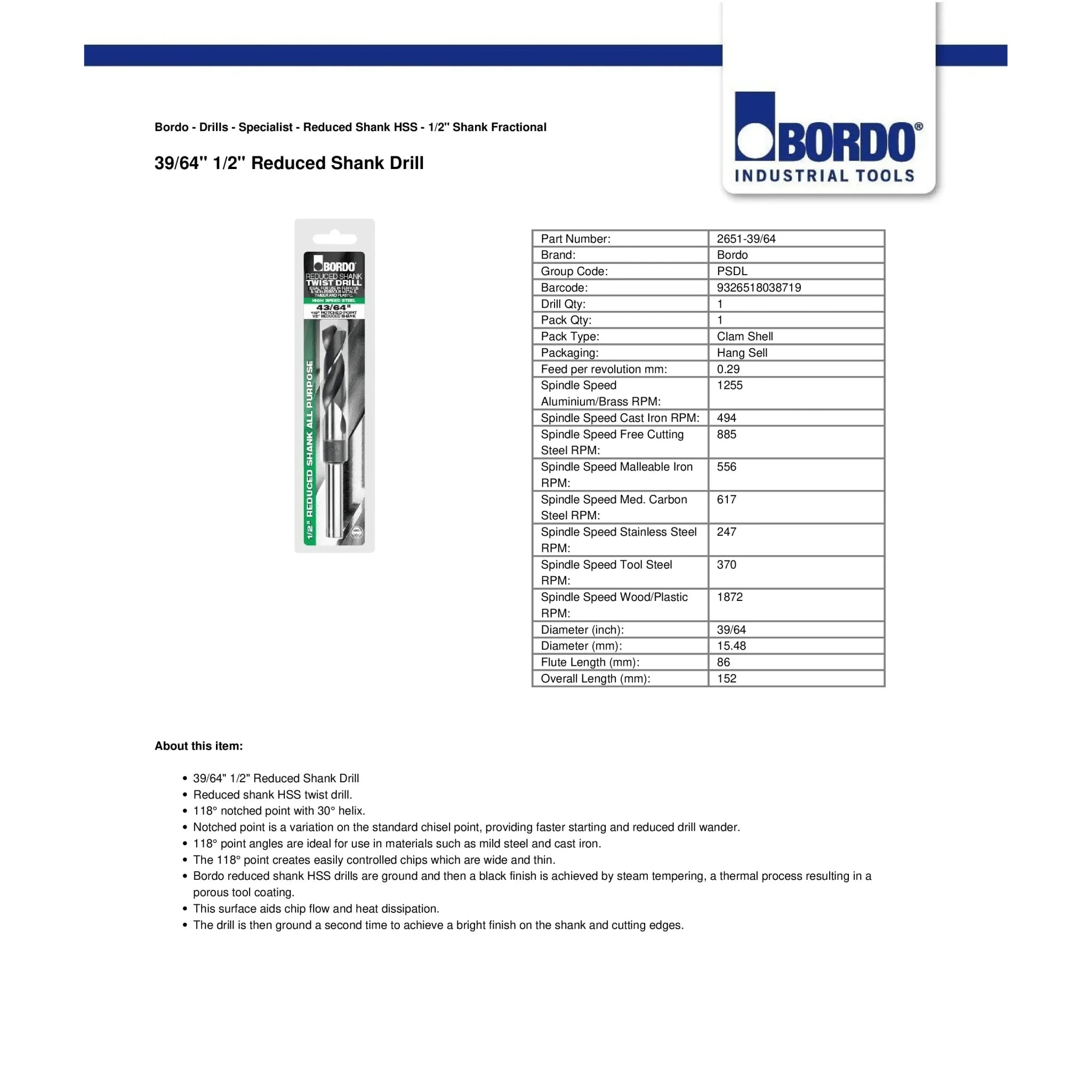 Bordo 39/64" HSS Reduced Shank Drill - Twin Eagle Imports
