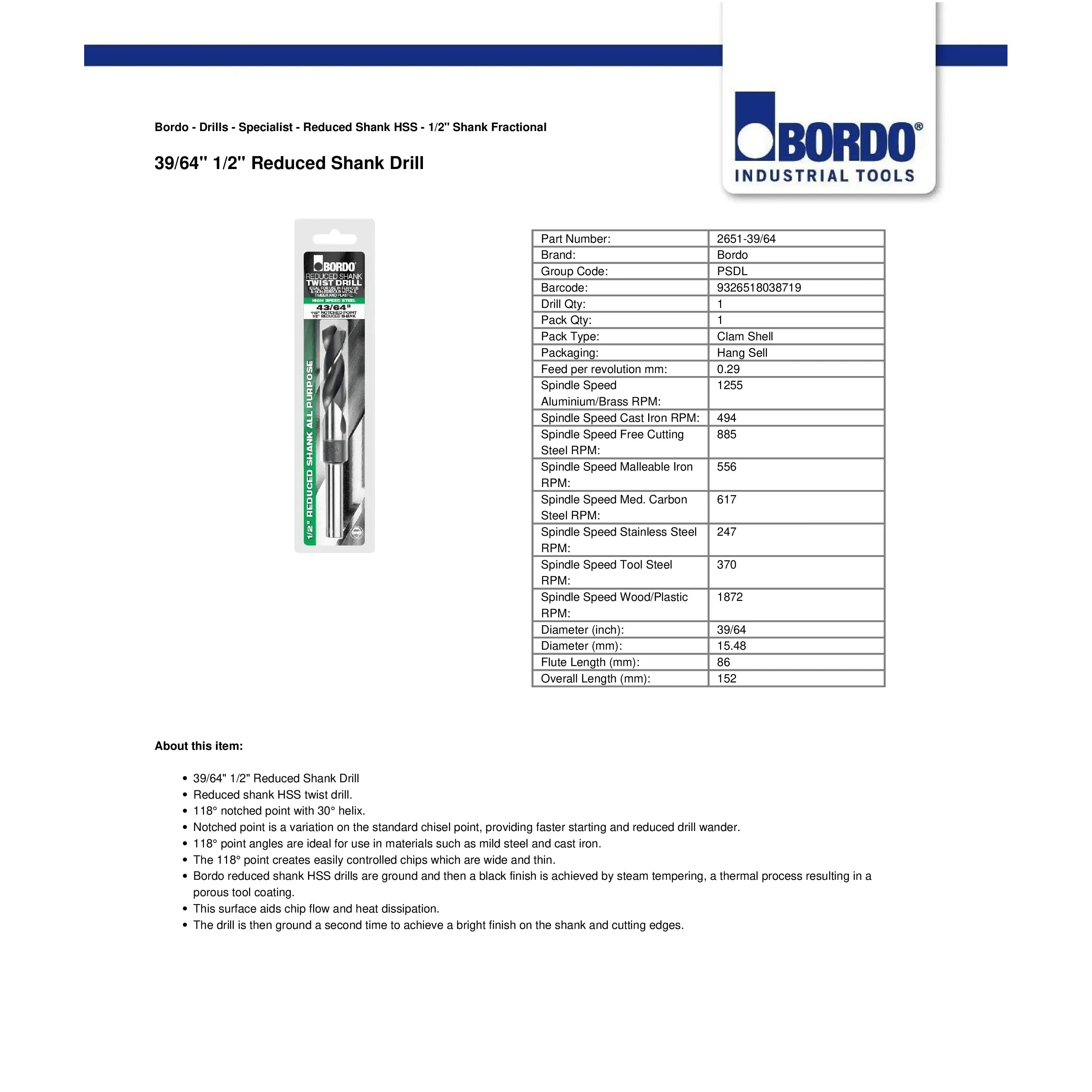 BORDO DRILLS Bordo 39/64" HSS Reduced Shank Drill