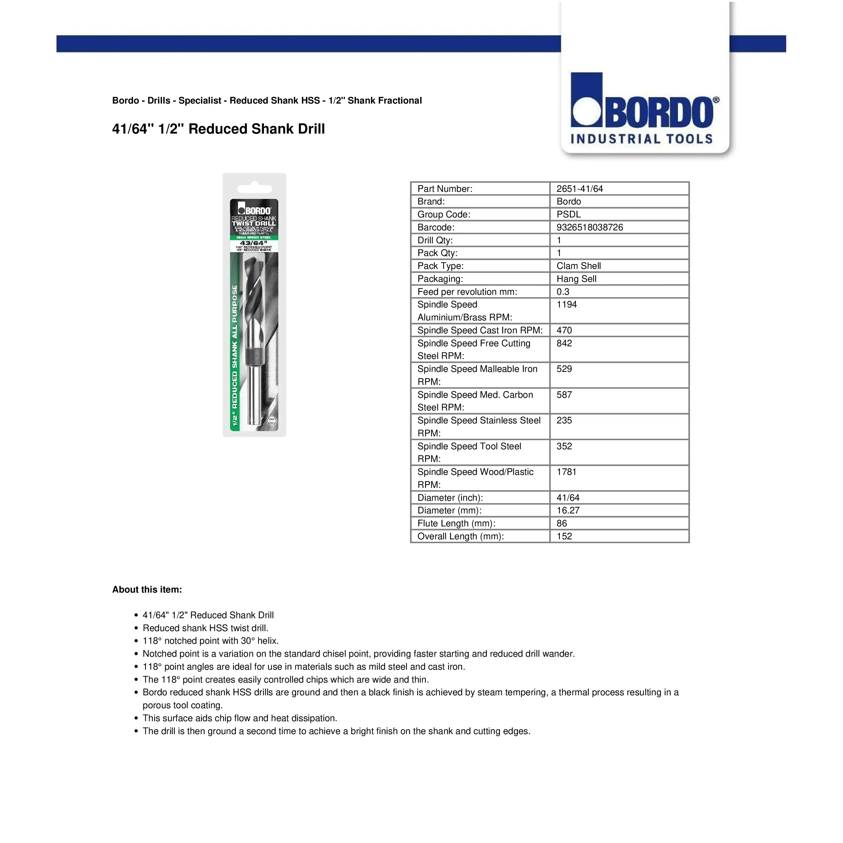BORDO DRILLS Bordo 41/64" HSS Reduced Shank Drill