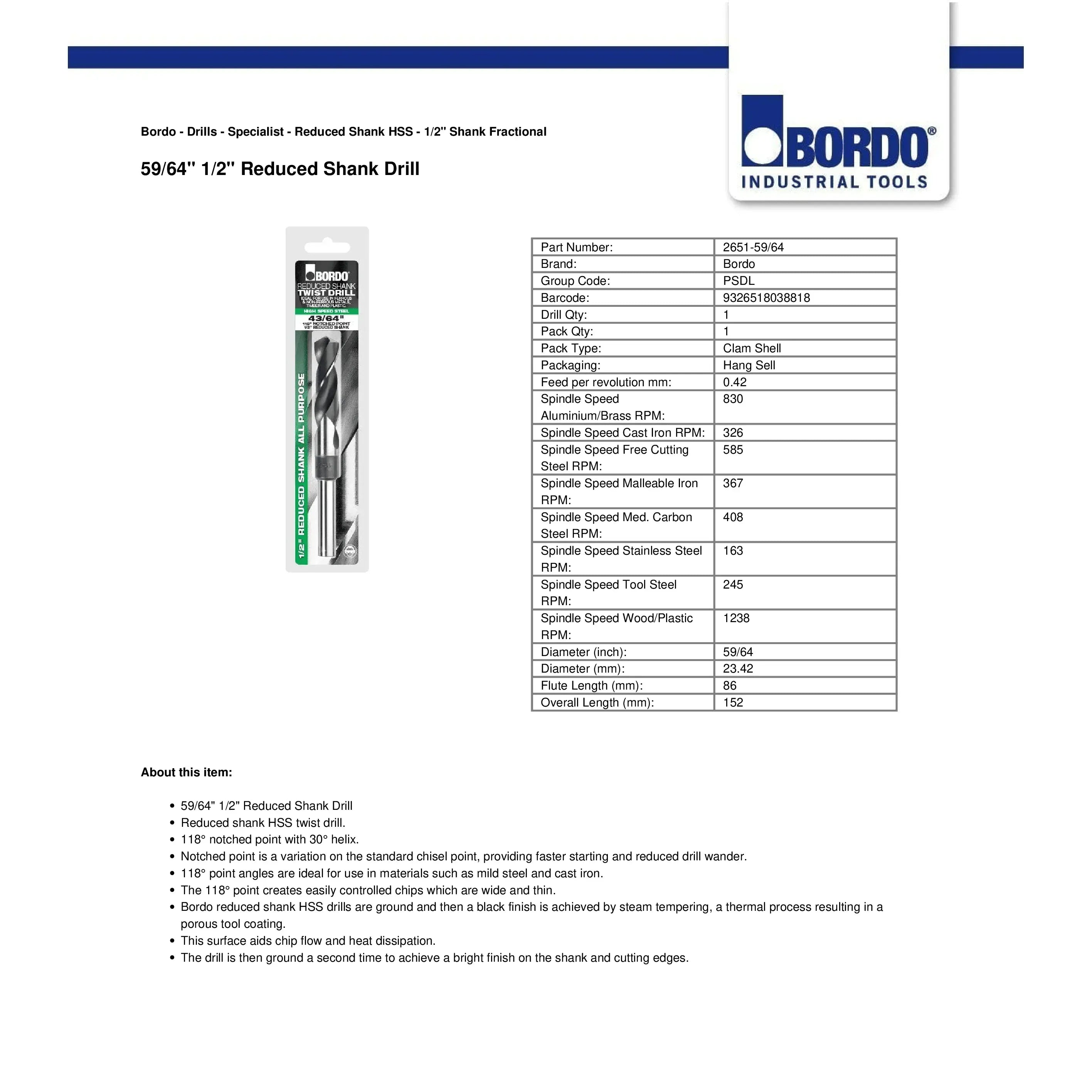BORDO DRILLS Bordo 59/64" HSS Reduced Shank Drill