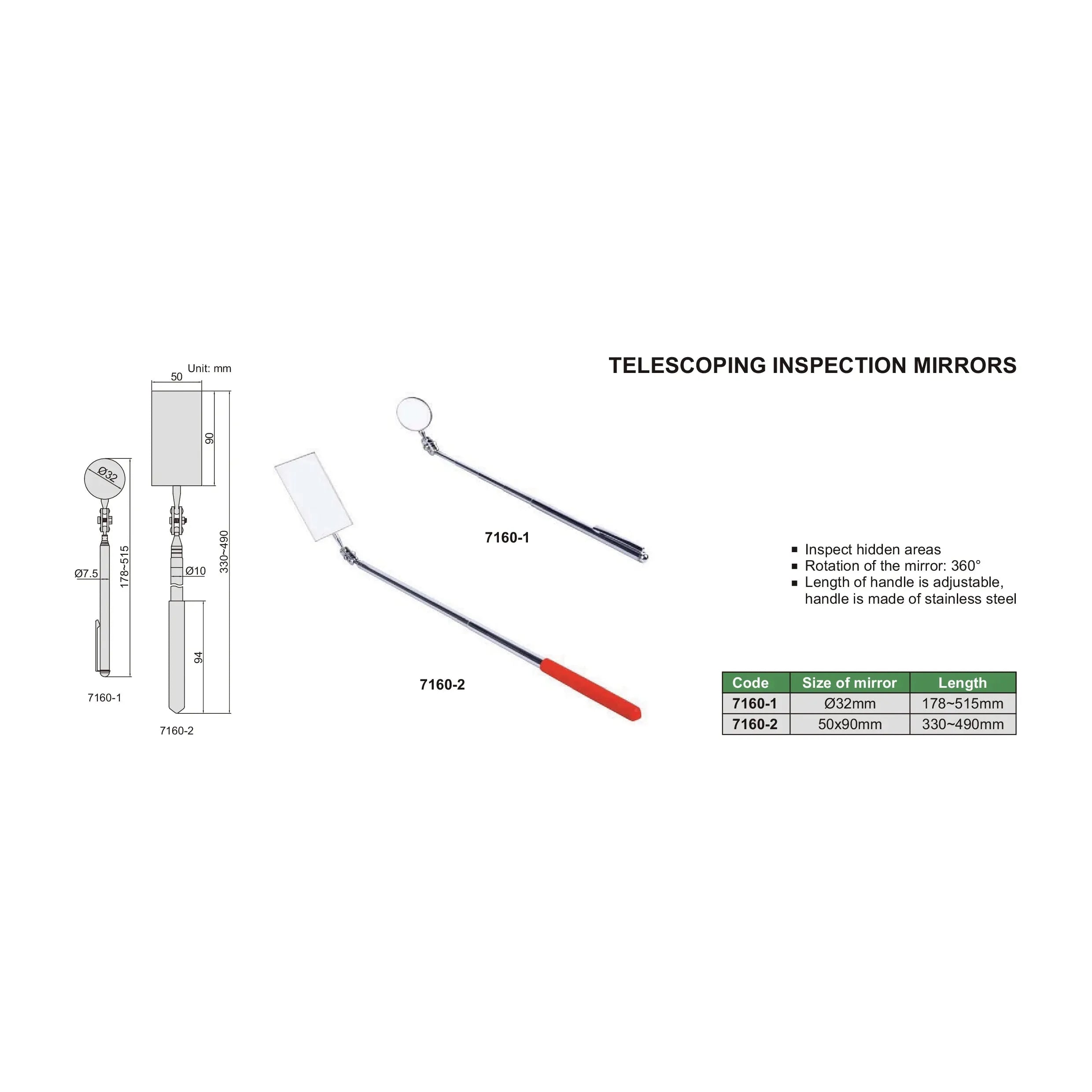 Insize Telescoping Inspection Mirror Ø32mm Series 7160-1