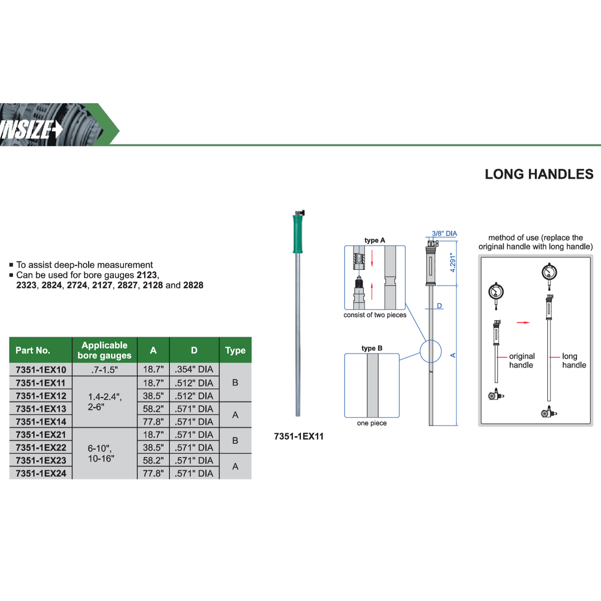 Insize Long Handle 58.2″ × 0.571″ Series 7351-1EX13