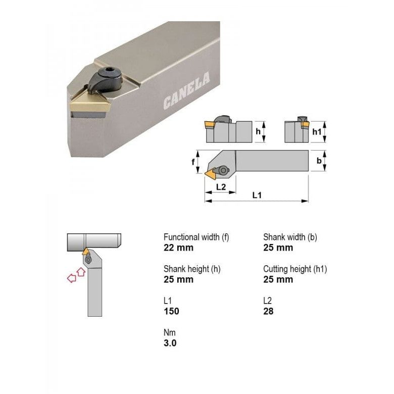 CANELA S.A. TOOL HOLDERS Canela CTTPR2525M16 External Turning & Chamfering Toolholder – 25×25 mm