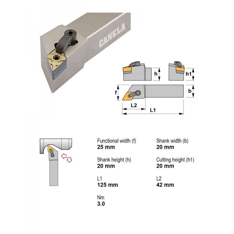 CANELA S.A. TOOL HOLDERS Canela MDJNR2020K15-K Turning & Profiling Toolholder – 20×20 mm