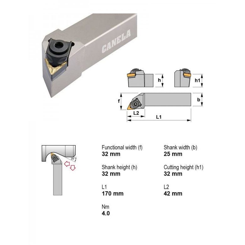 CANELA S.A. TOOL HOLDERS Canela MTJNR3225P22 Turning & Profiling Toolholder – 32×25 mm