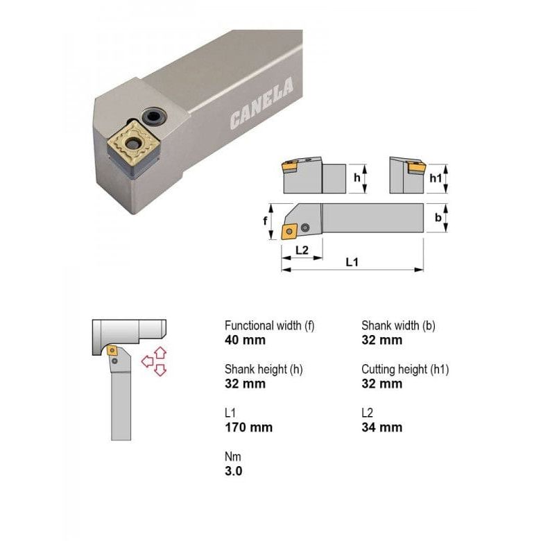 CANELA S.A. TOOL HOLDERS Canela PCLNR3232P16 External Turning Toolholder – 32×32 mm Square Shank