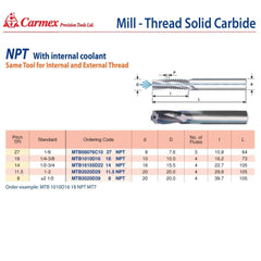 Carmex Mill Thread Solid Carbide 14 NPT with internal coolant bore 22.7mm depth - Twin Eagle Imports
