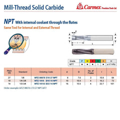 Carmex Mill Thread Solid Carbide 18 NPT with internal coolant through flutes 16.2mm depth - Twin Eagle Imports