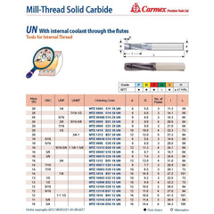 Carmex Mill Thread Solid Carbide 20 UN with internal coolant through flutes 21mm depth - Twin Eagle Imports