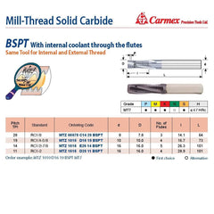 Carmex Mill Thread Solid Carbide 28 BSPT with internal coolant through flutes 14.1mm depth - Twin Eagle Imports