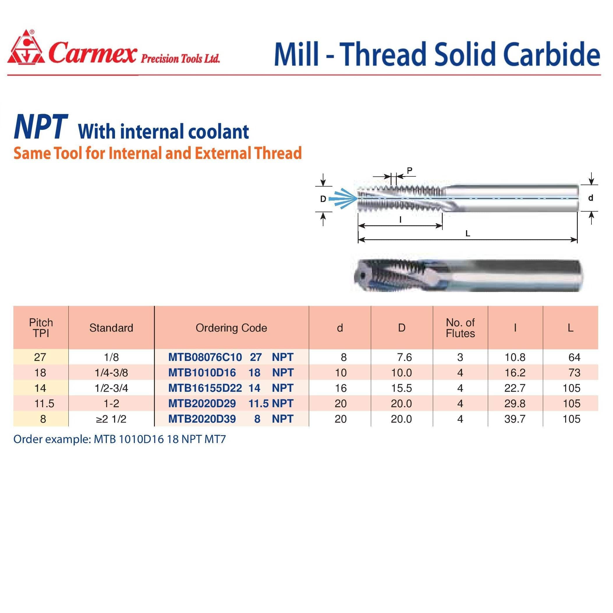 CARMEX PRECISION TOOLS LTD Carbide Mill Thread Carmex Mill Thread Solid Carbide 18 NPT with internal coolant bore 16.2mm depth