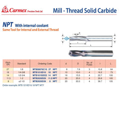 CARMEX PRECISION TOOLS LTD Carbide Mill Thread Carmex Mill Thread Solid Carbide 18 NPT with internal coolant bore 16.2mm depth