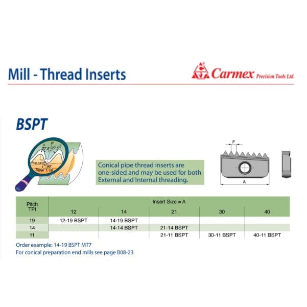 CARMEX PRECISION TOOLS LTD External and Internal Threadmill Insert Carmex External/Internal BSPT Threadmill Insert 30mm/ 11 TPI