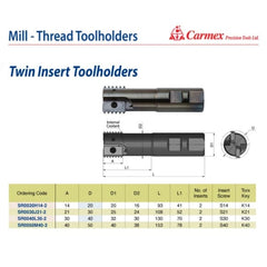 CARMEX PRECISION TOOLS LTD Thread Turning Inserts Carmex Threadmill Twin Insert Toolholder 20mm Cut. SR0020H14-2