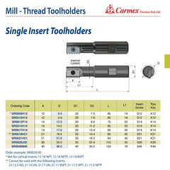 Carmex Threadmill Single Insert Toolholder 9.9mm Cut. SR0010H12 - Twin Eagle Imports