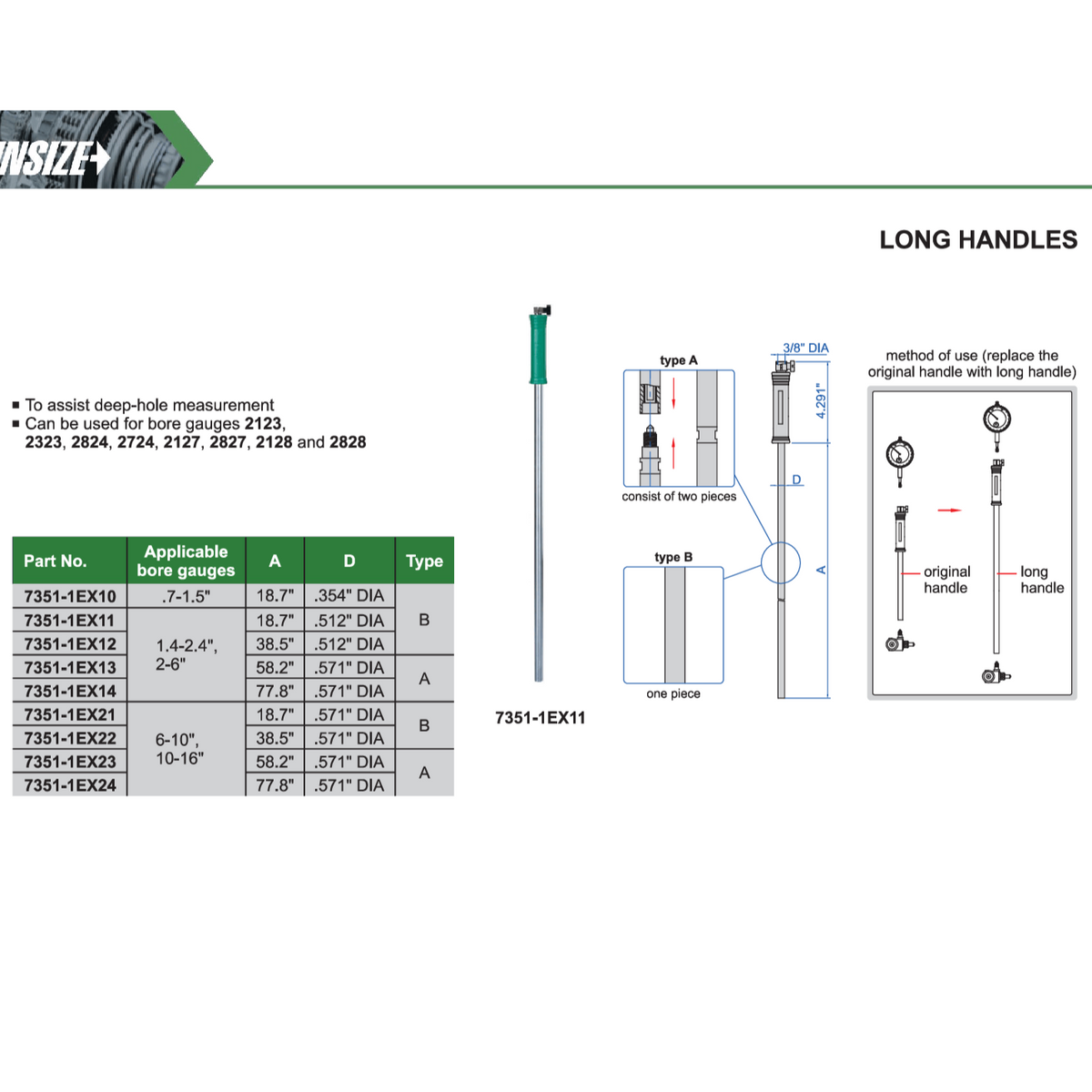 Insize Long Handle 77.8″ × 0.571″ Series 7351-1EX14