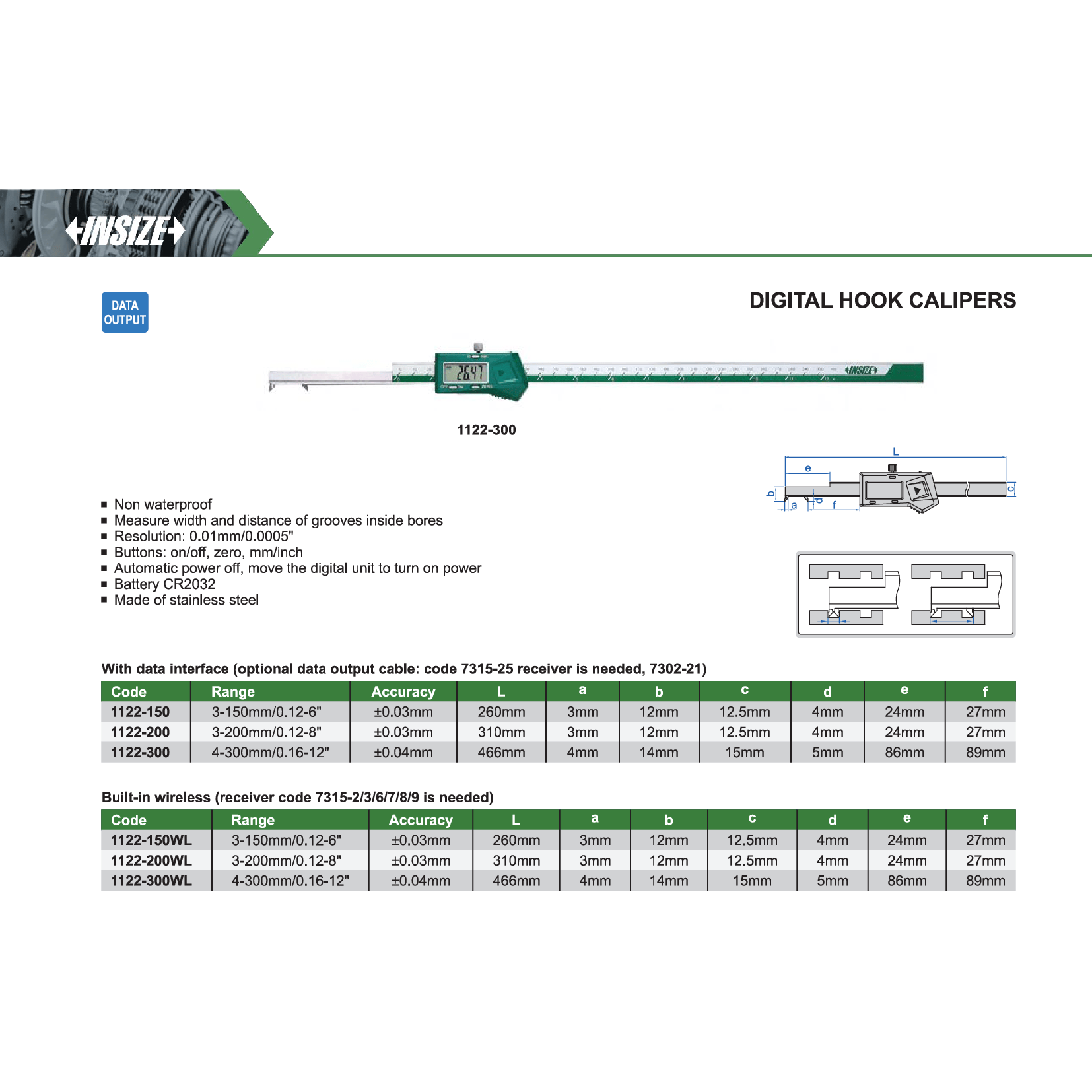 Insize Digital Hook Caliper 3–150 mm Range Series 1122-150