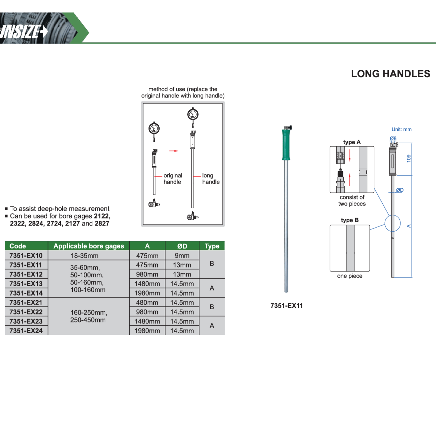 Insize Long Handle 1480 mm × 14.5 mm Series 7351-EX13