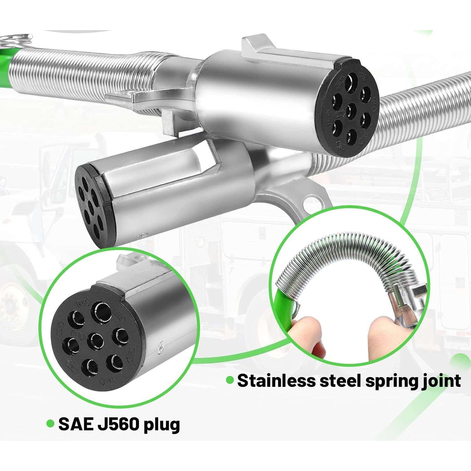 7 Way Trailer 15 FT Green ABS Spiral Electrical Power cord