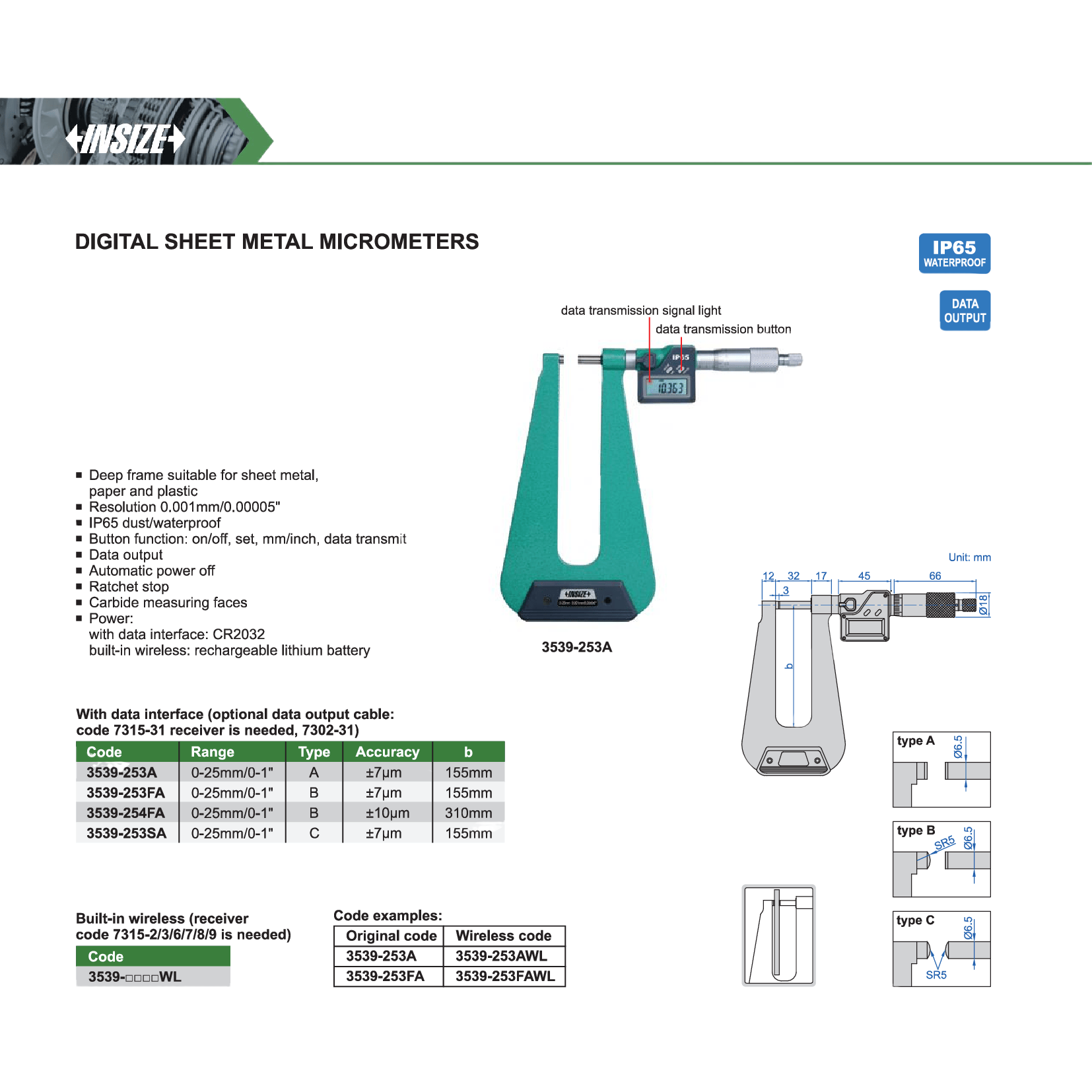 Insize Digital Sheet Metal Micrometer 0–25 mm / 0–1" Series 3539-254FA