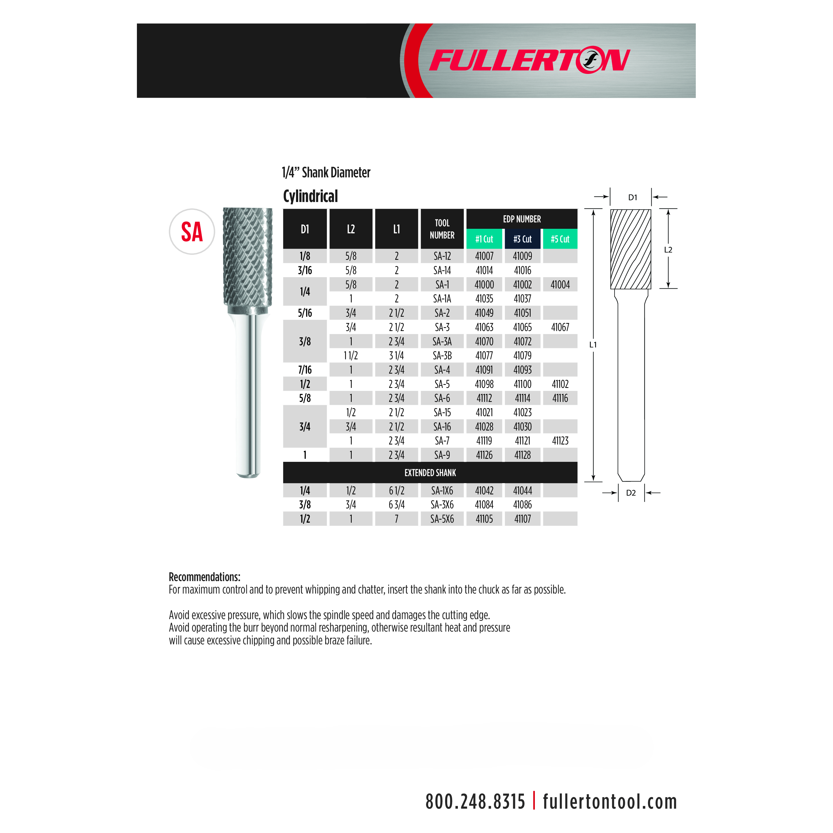 Fullerton CARBIDE BURRS Fullerton - SA9 1" Cylindrical Shape Series Carbide Burr