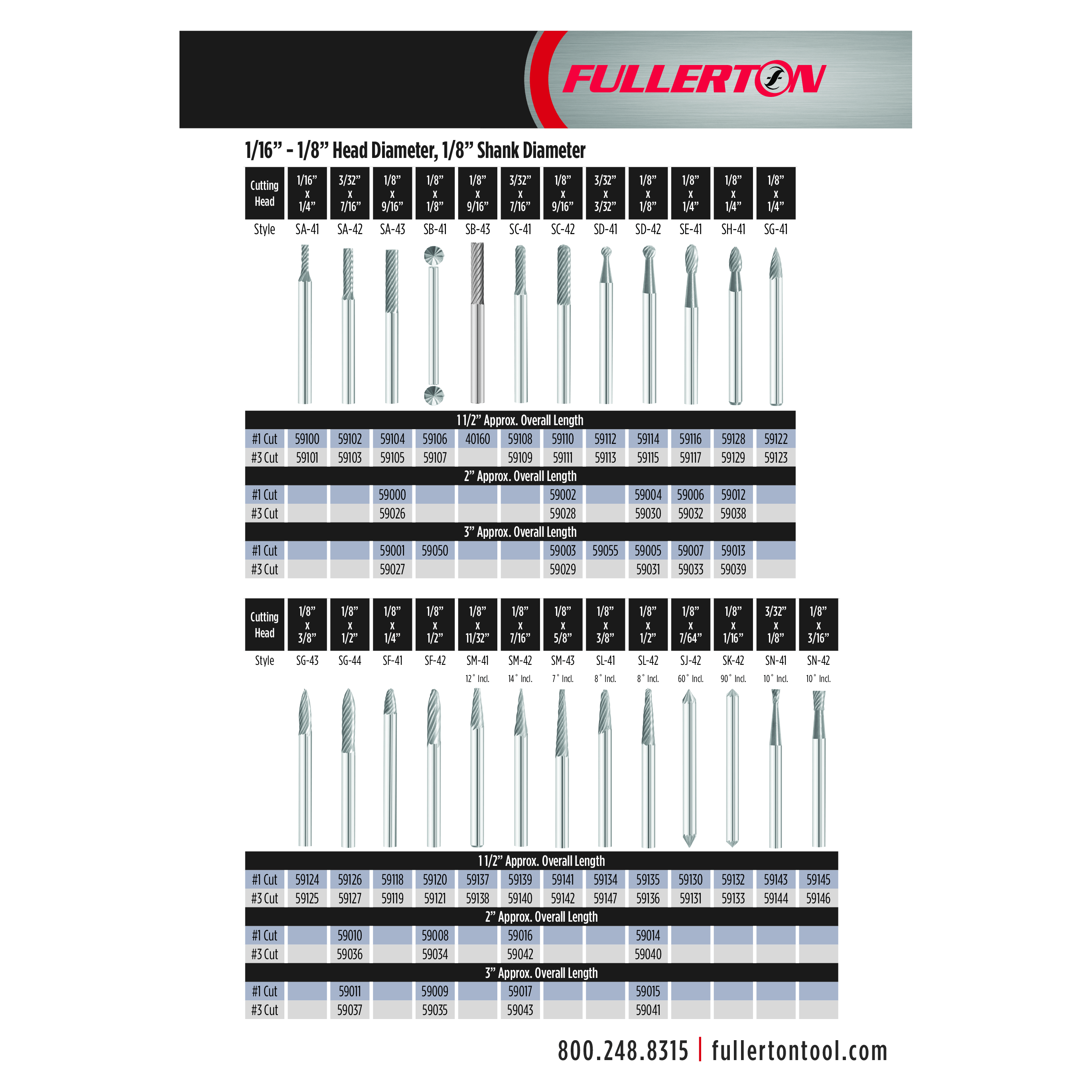 Fullerton CARBIDE BURRS Fullerton - SC42 1/8" x 9/16" Cylindrical Ball Nose Series Carbide Burr