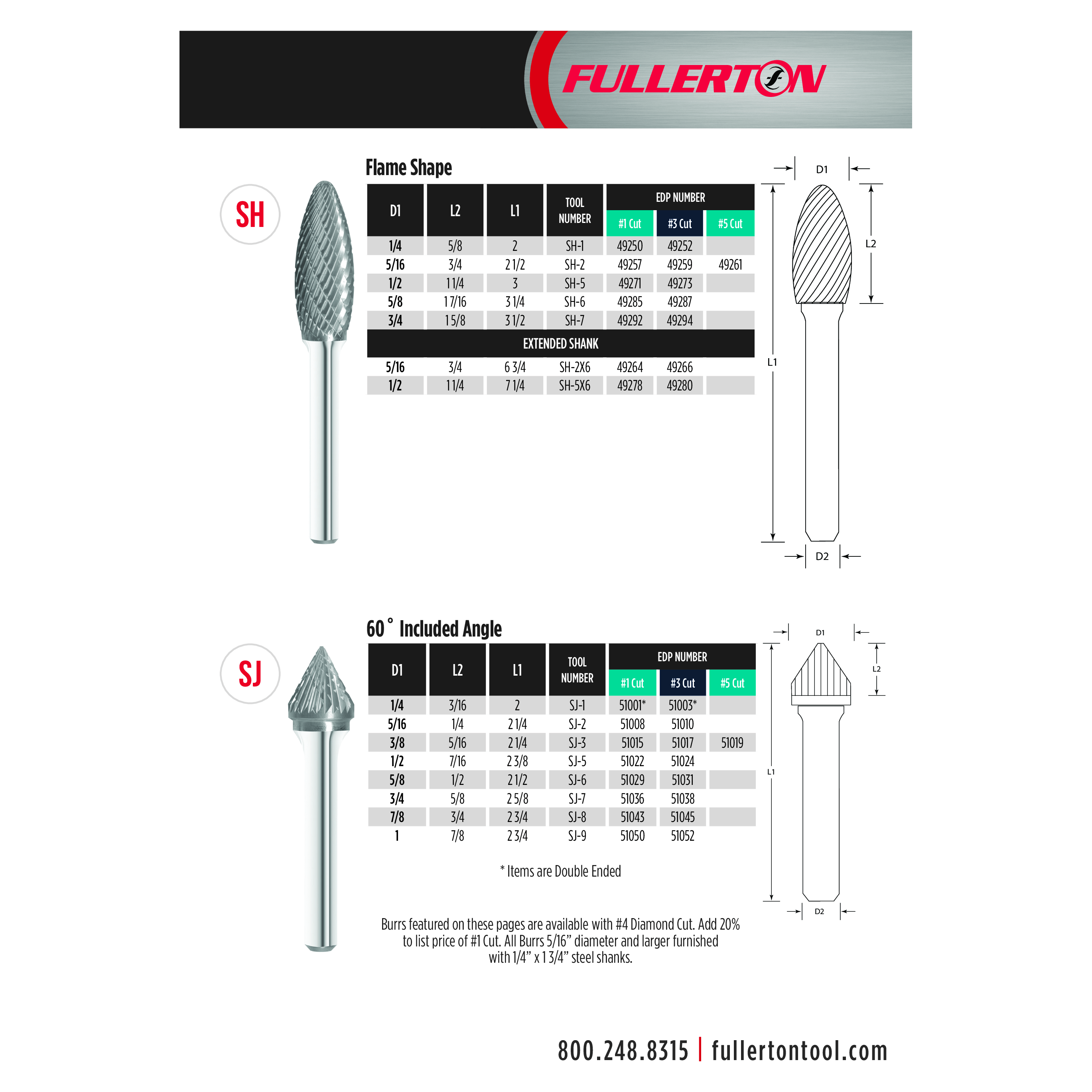 Fullerton CARBIDE BURRS Fullerton - SH5 1/2" Flame Shape Series Extended Shank Carbide Burr