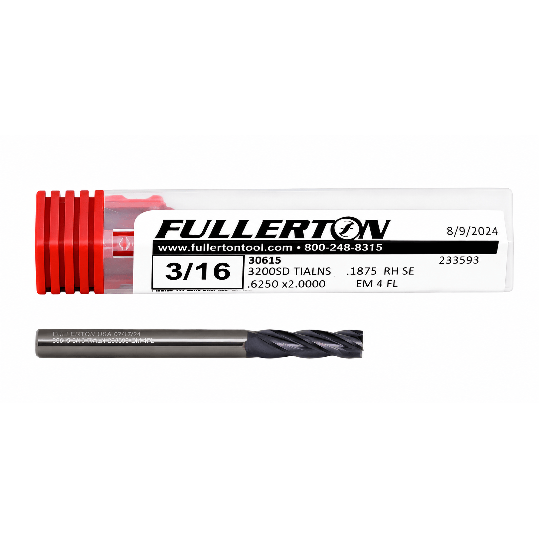 FULLERTON TOOL COMPANY CARBIDE ENDMILL Fullerton 30615 3/16 Inch 4 Flute TiAlN Coated Carbide Square End Mill