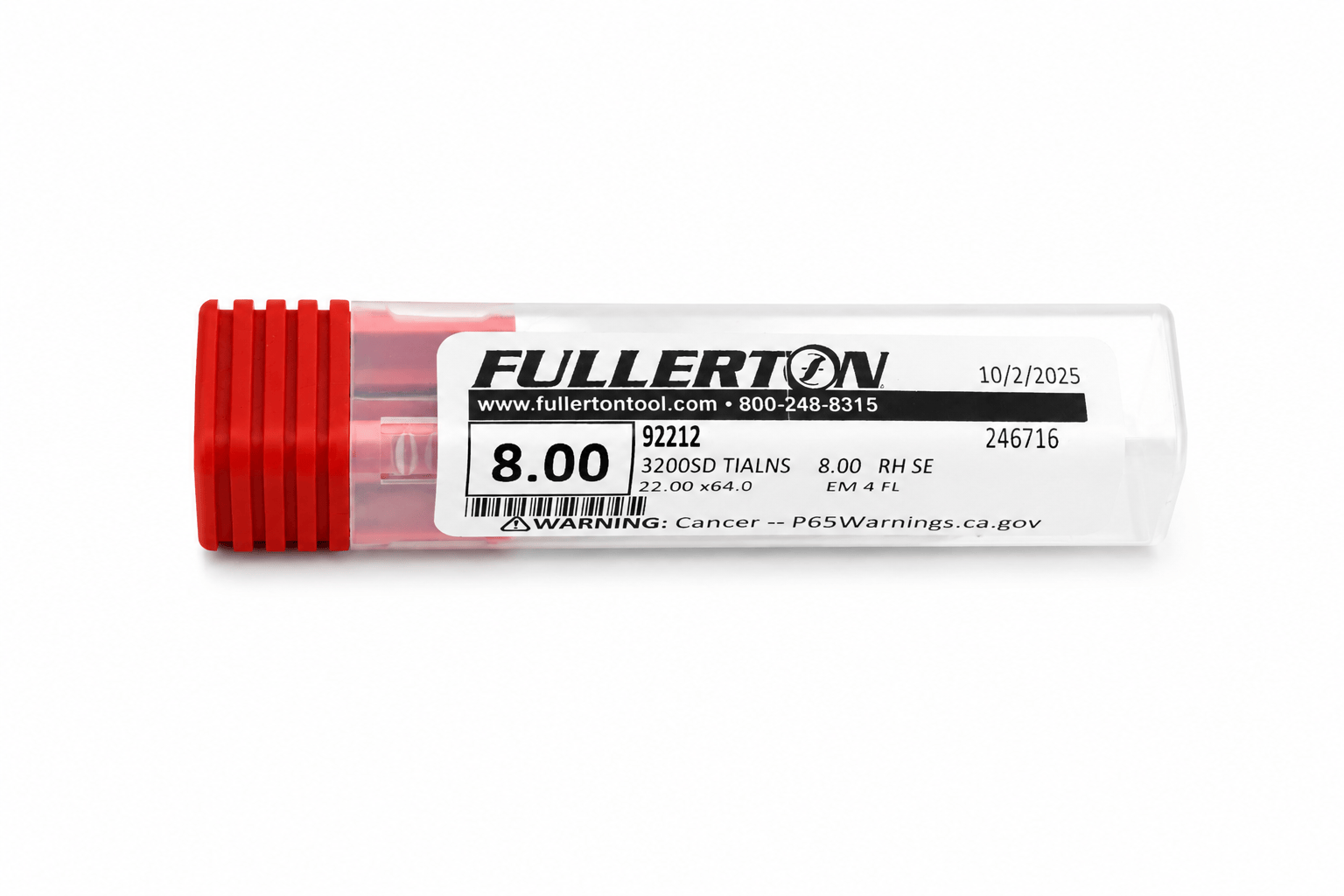 FULLERTON TOOL COMPANY CARBIDE ENDMILL Fullerton 92212 8mm 4 Flute TiAlN Coated Carbide Square End Mill