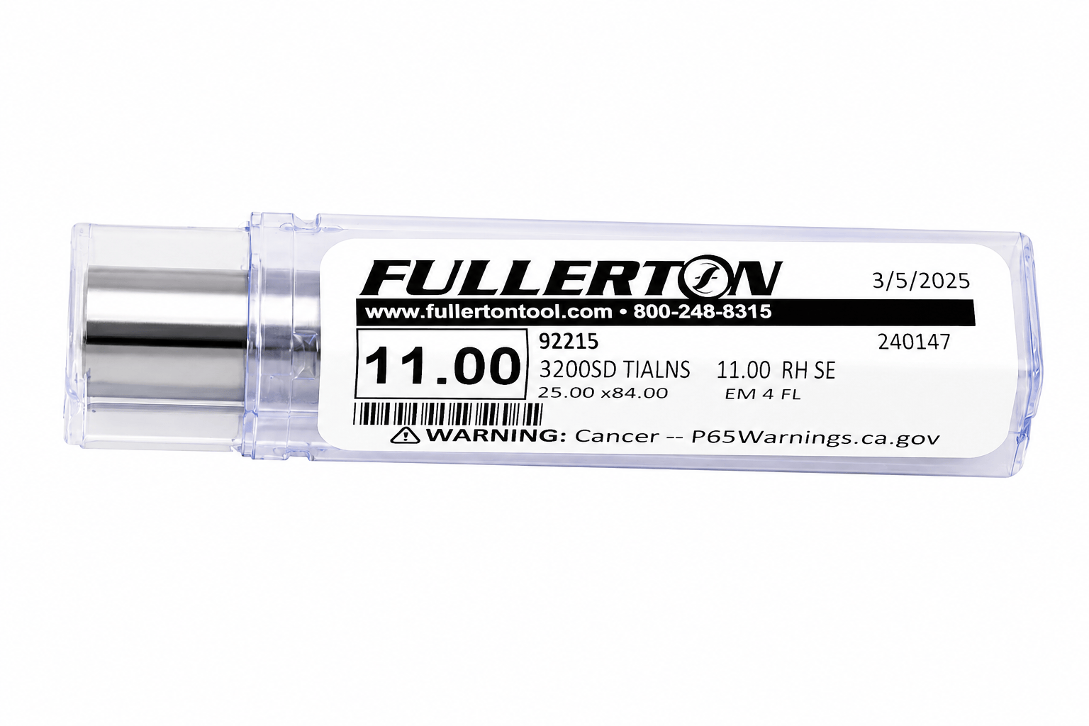 FULLERTON TOOL COMPANY CARBIDE ENDMILL Fullerton 92215 11mm 4 Flute TiAlN Coated Carbide Square End Mill