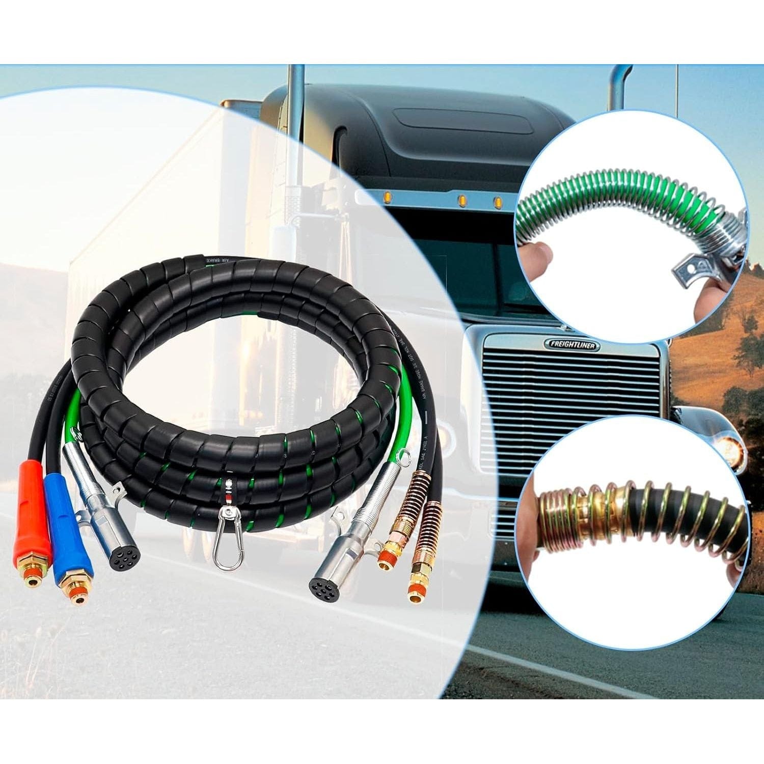 Heavy Duty 3-in-1 ABS Trailer Air Line Kit – 12 Ft Rubber Air Hoses with Power Line - Twin Eagle Imports