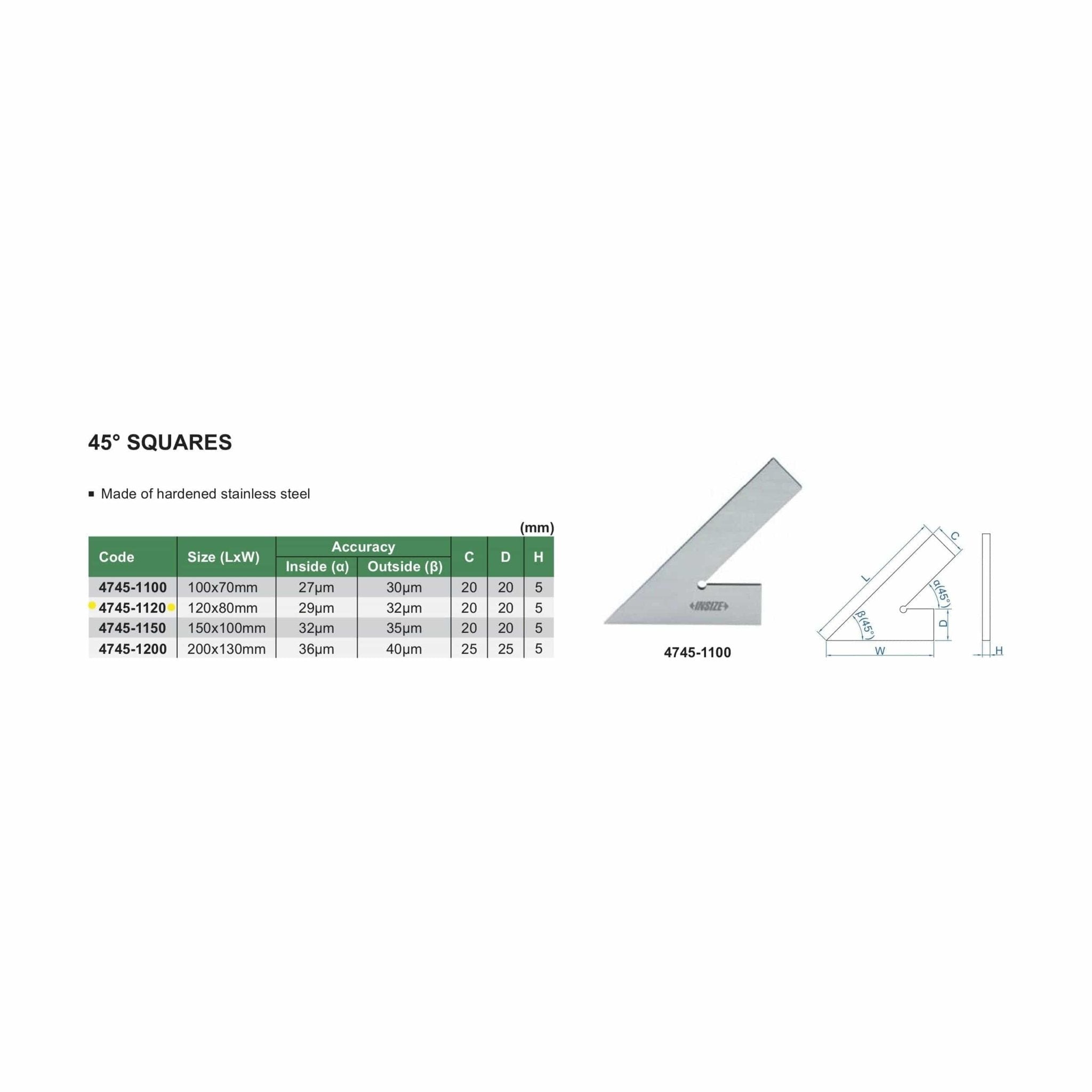Insize 45° Square Range Series 120x80mm Series 4745-1120 - Twin Eagle Imports