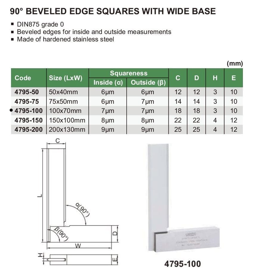 Insize 90° Bevelled Edge Square 100x70mm Range Series 4795-100 - Twin Eagle Imports