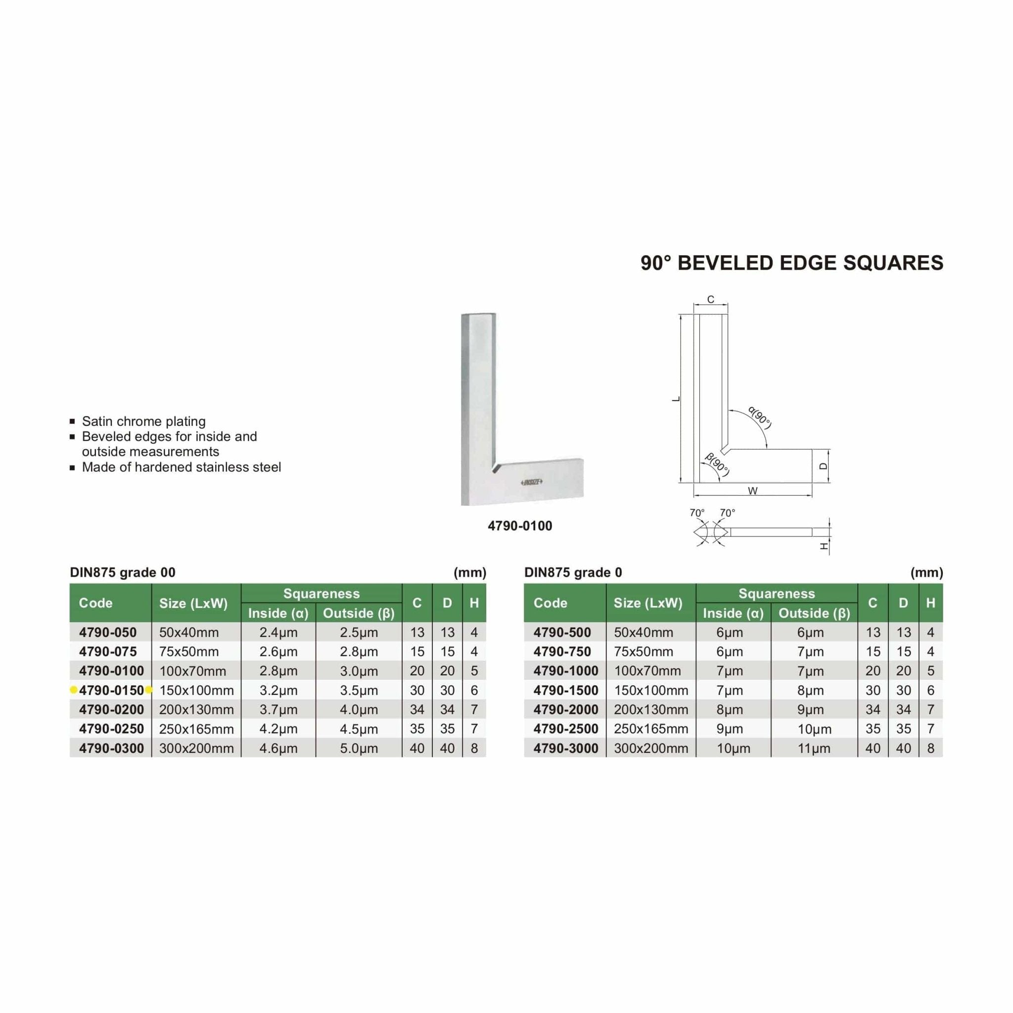 Insize 90° Bevelled Edge Square 150x100mm Range Series 4790-0150 - Twin Eagle Imports