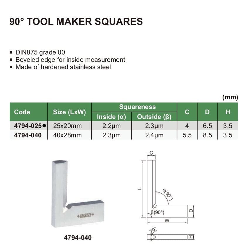 Insize 90° Toolmakers Square 25x20mm Range Series 4794-025 - Twin Eagle Imports