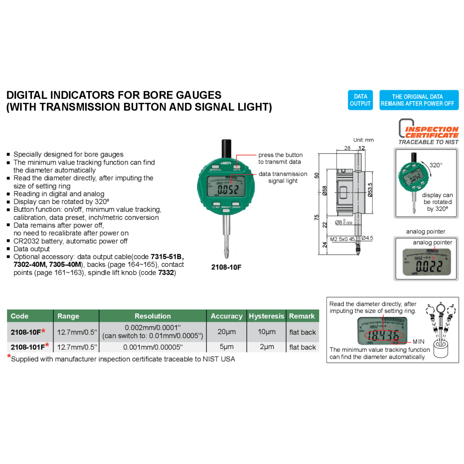 Insize Bore Gauge Digital Indicator 12.7mm/0.5" Range Series 2108-101F - Twin Eagle Imports