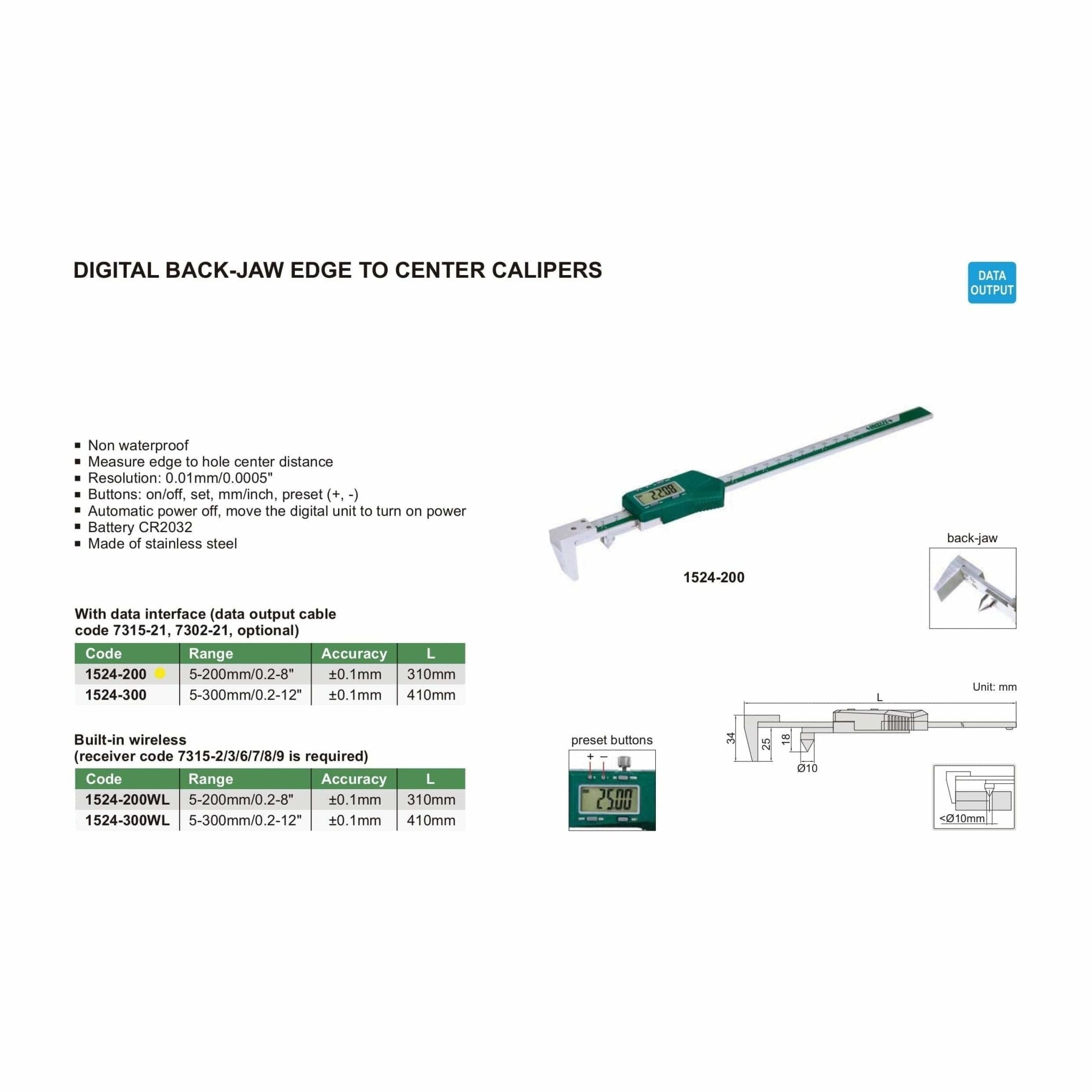 Insize Digital Back-Jaw Edge to Center Caliper Range Series 1524-200 - Twin Eagle Imports