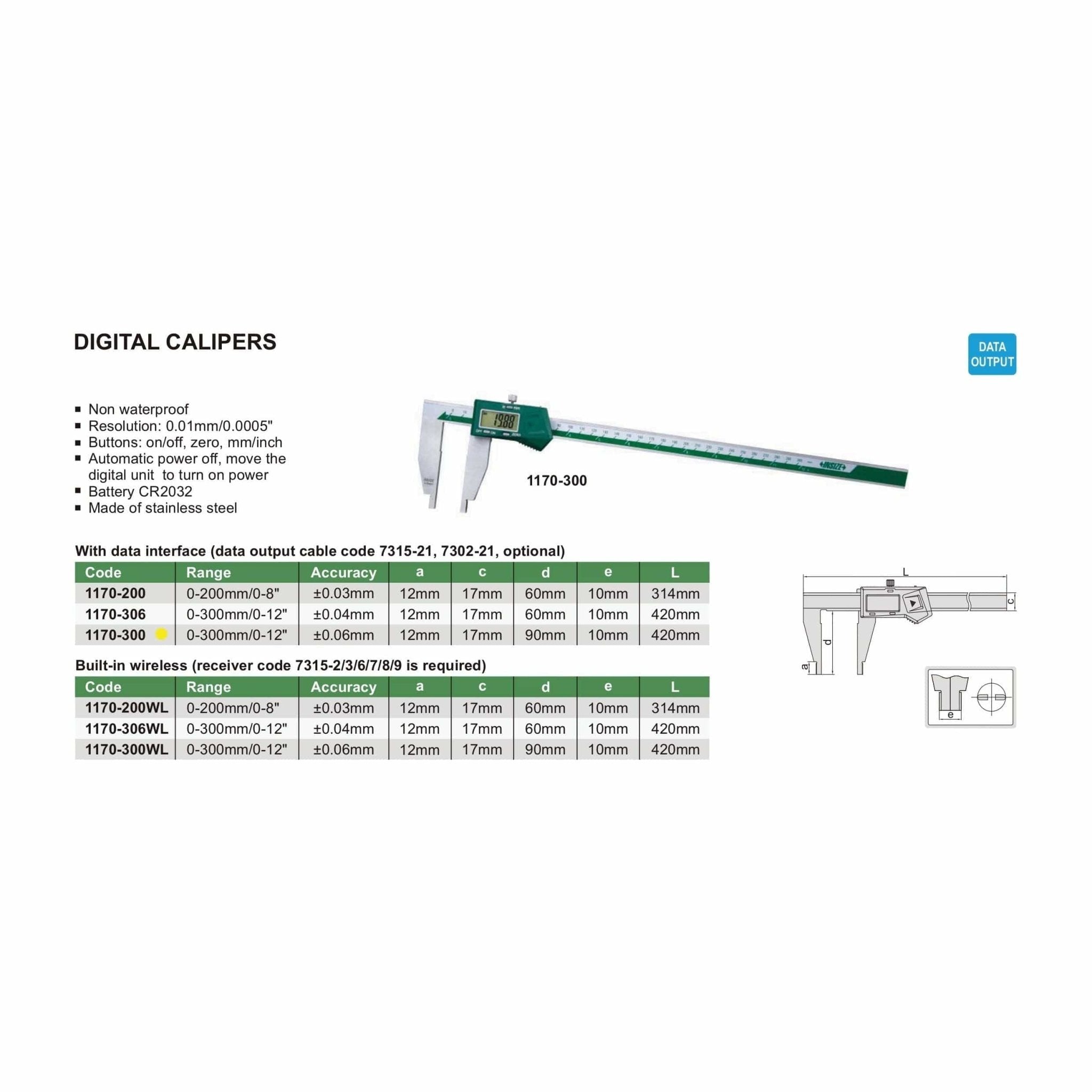 Insize Digital Caliper 0-300mm/0-12" Range Series 1170-300 - Twin Eagle Imports