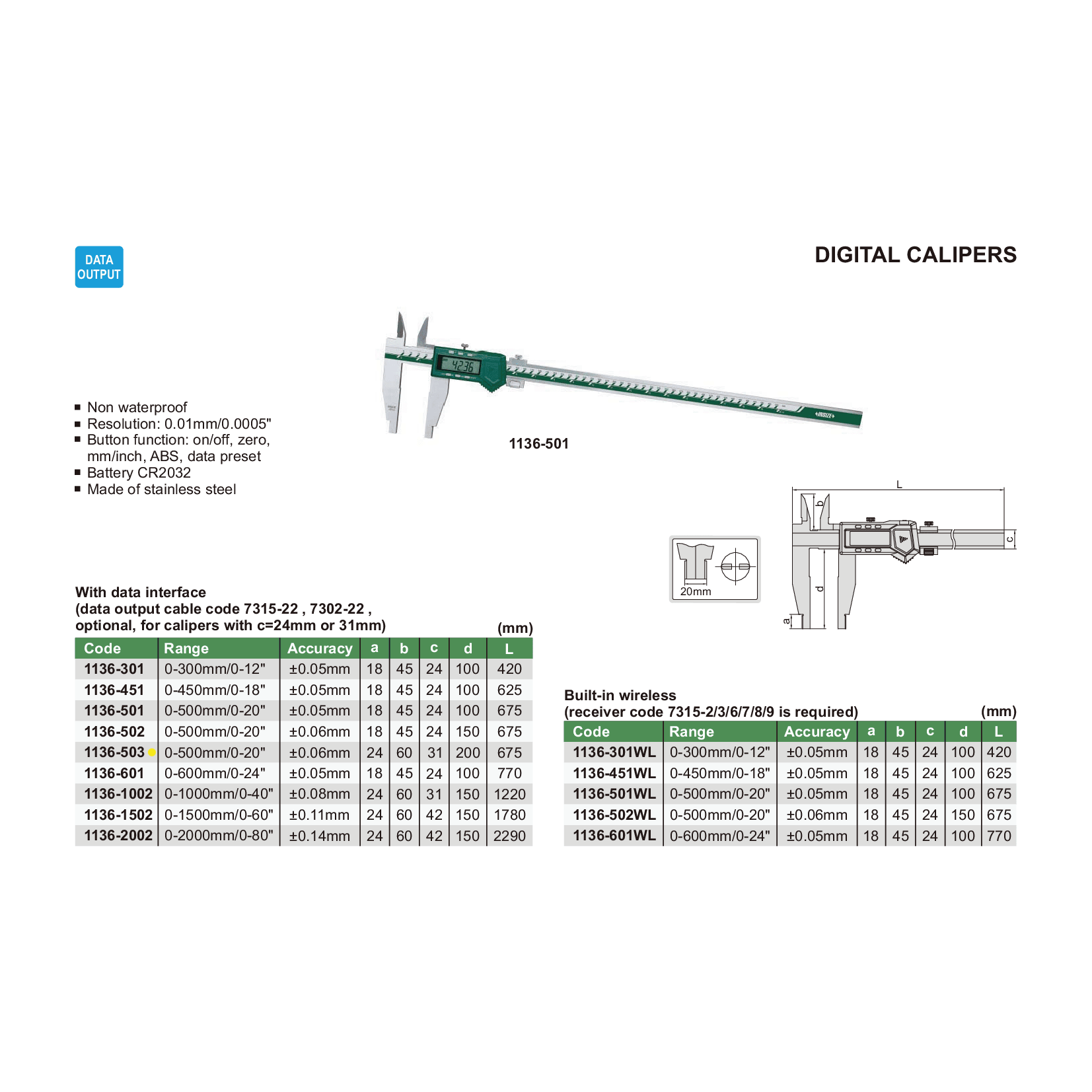 Insize Digital Caliper 0-500mm / 0-20" Range Series 1136-503 - Twin Eagle Imports