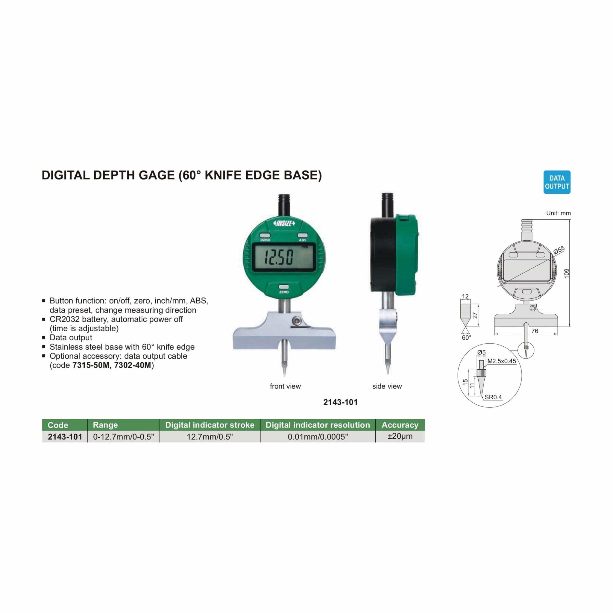 Insize Digital Depth Gauge (60° Knife Edge Base) Range Series 2143-101 - Twin Eagle Imports