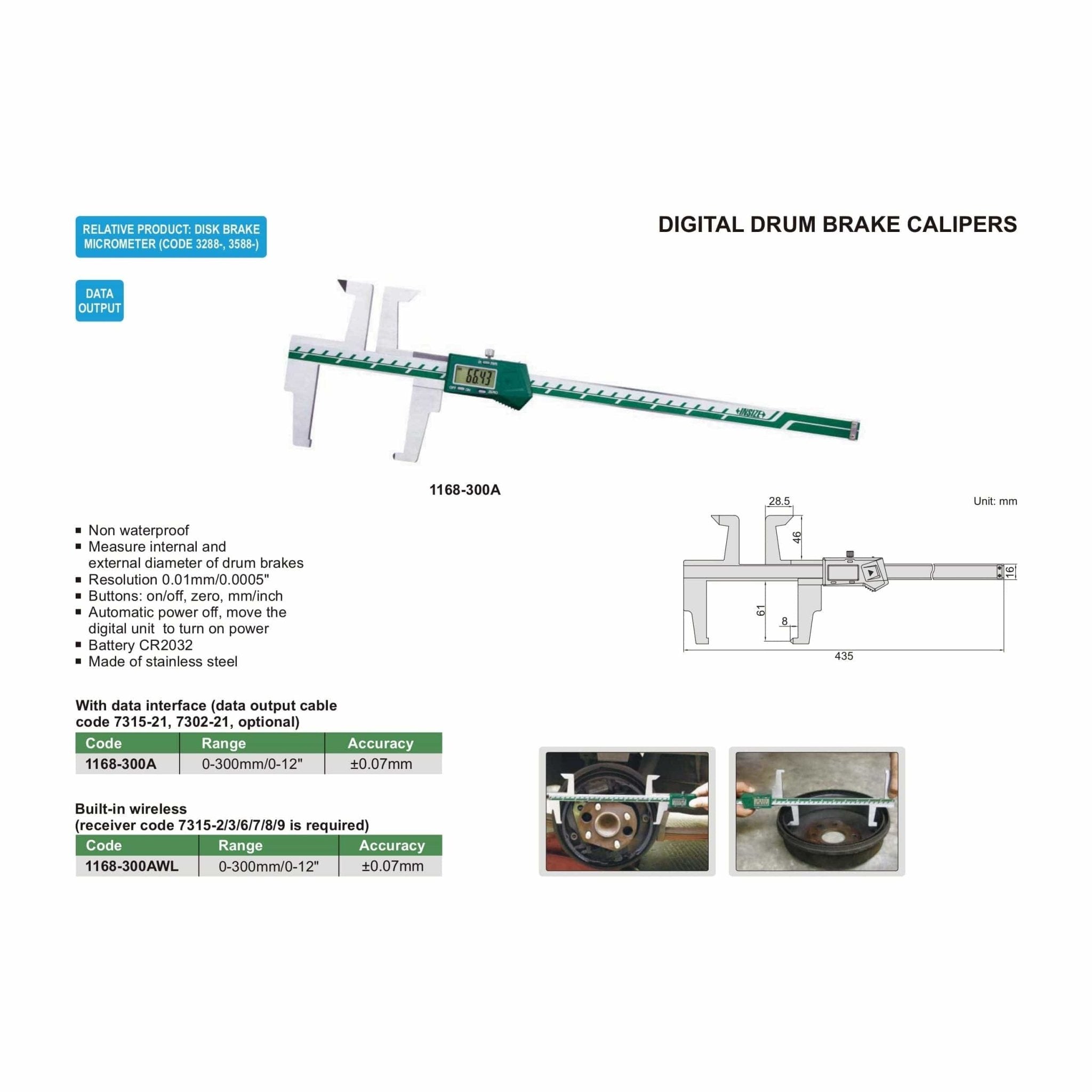 Insize Digital Drum Brake Caliper 0-300mm/0-12" Range Series 1168-300A - Twin Eagle Imports