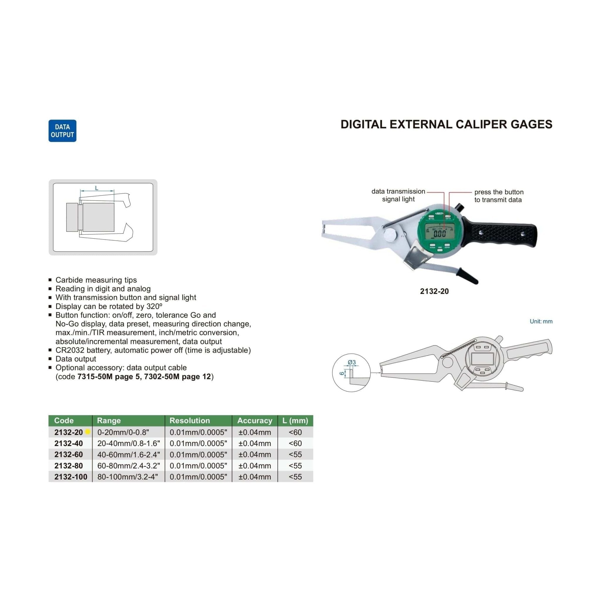 Insize Digital External Caliper Gauge 0-20mm/0-0.8" Range Series 2132-20 - Twin Eagle Imports