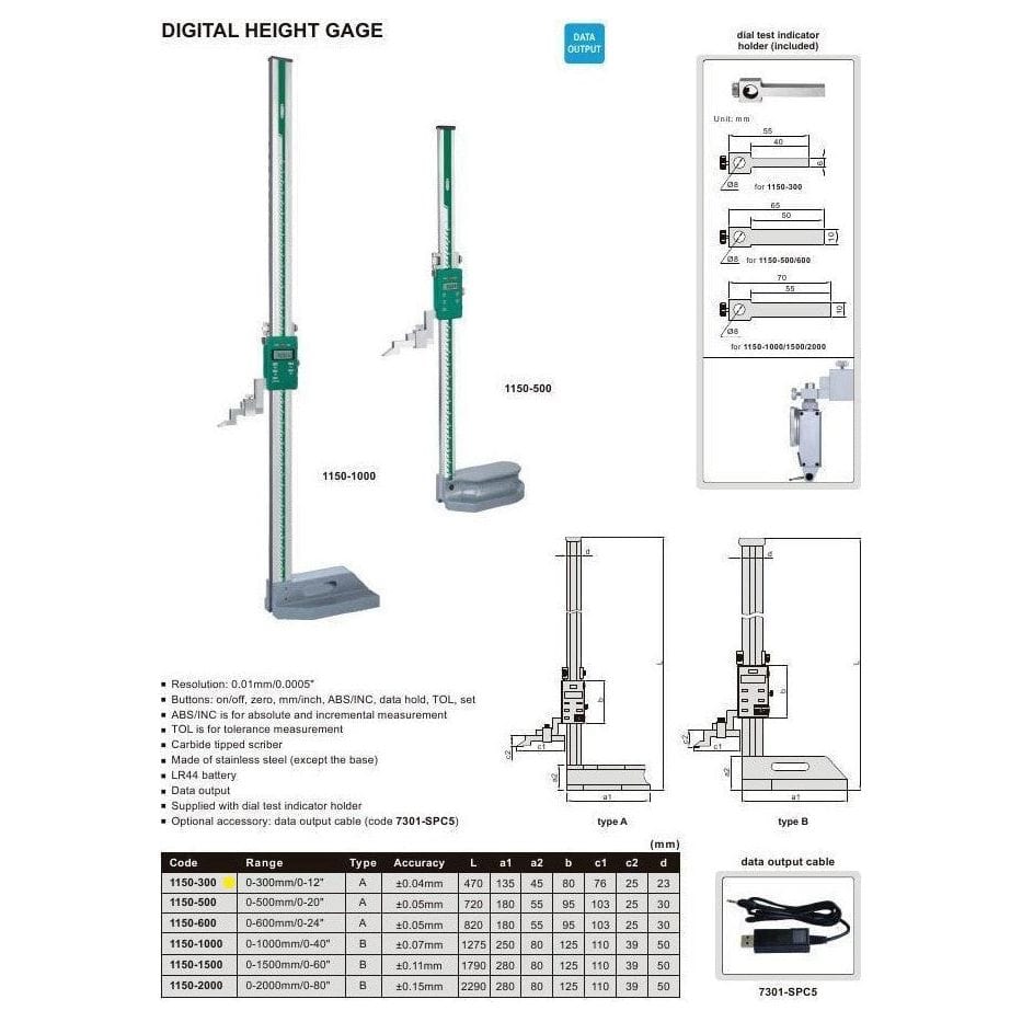 Insize Digital Height Gauge 0-300mm / 0-12" Range Series 1150-300 - Twin Eagle Imports